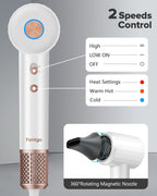 FENTGO Negative Ionic High Speed Hair Dryer, Professional Brushless Blow Dryer with Diffuser and Nozzle for Fast Drying, 2 Speeds & 4 Temps Thermo-Control, Lightweight & Quiet for Home & Travel