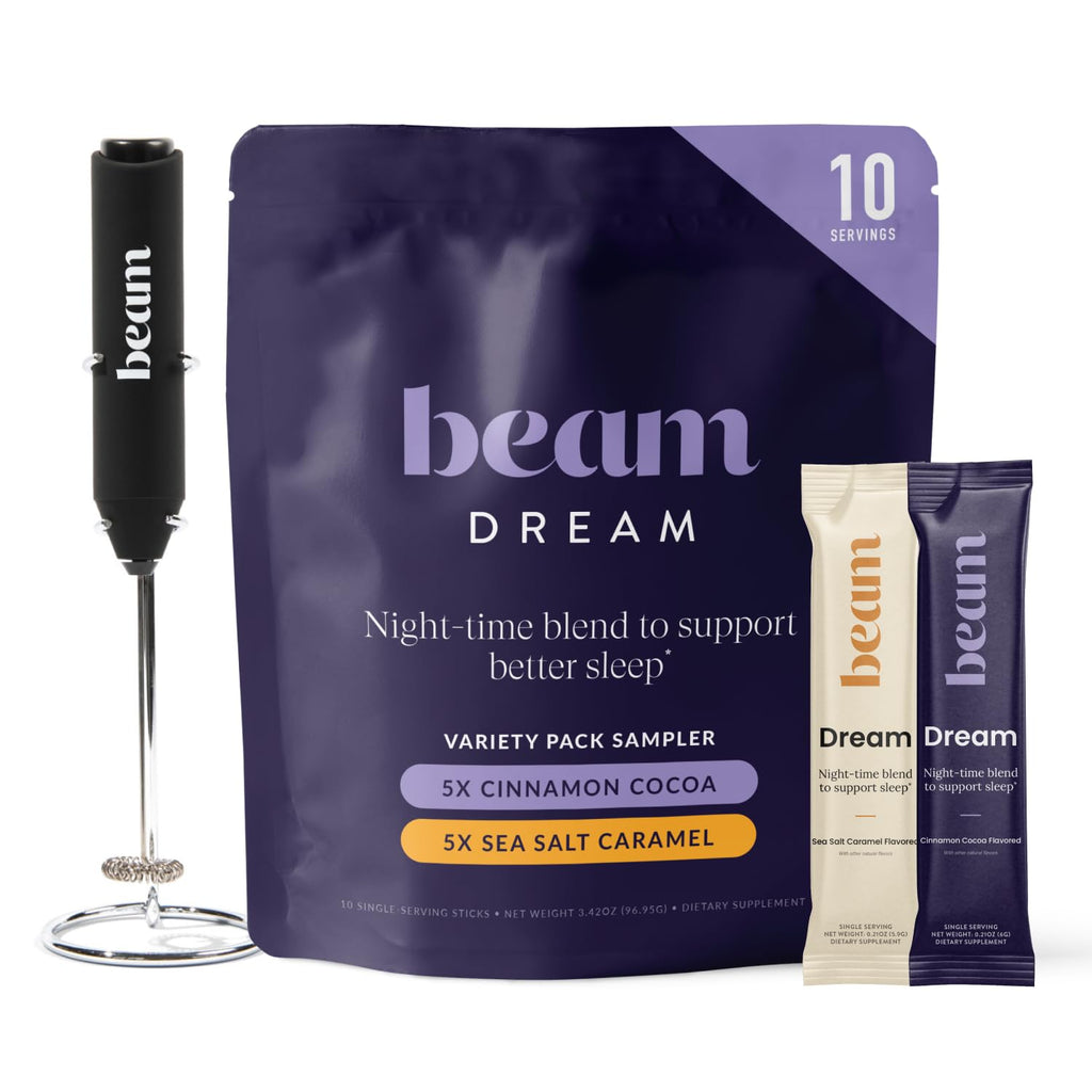 Beam Dream Sleep Powder – Sleep Aid for Adults with Melatonin, Magnesium, L-Theanine, Reishi Mushroom & Apigenin Sleep Supplement, Sleepy Cocoa Bedtime Drink Mix, Starter Set, 10 Servings & Frother