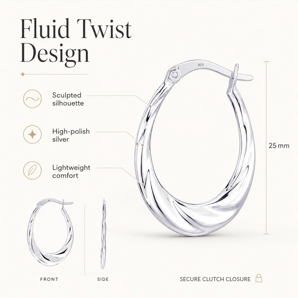 LeCalla 925 Sterling Silver Hoop Earrings | Lightweight Classic Small Oval Shrimp Hoops Earring for Women - 25MM