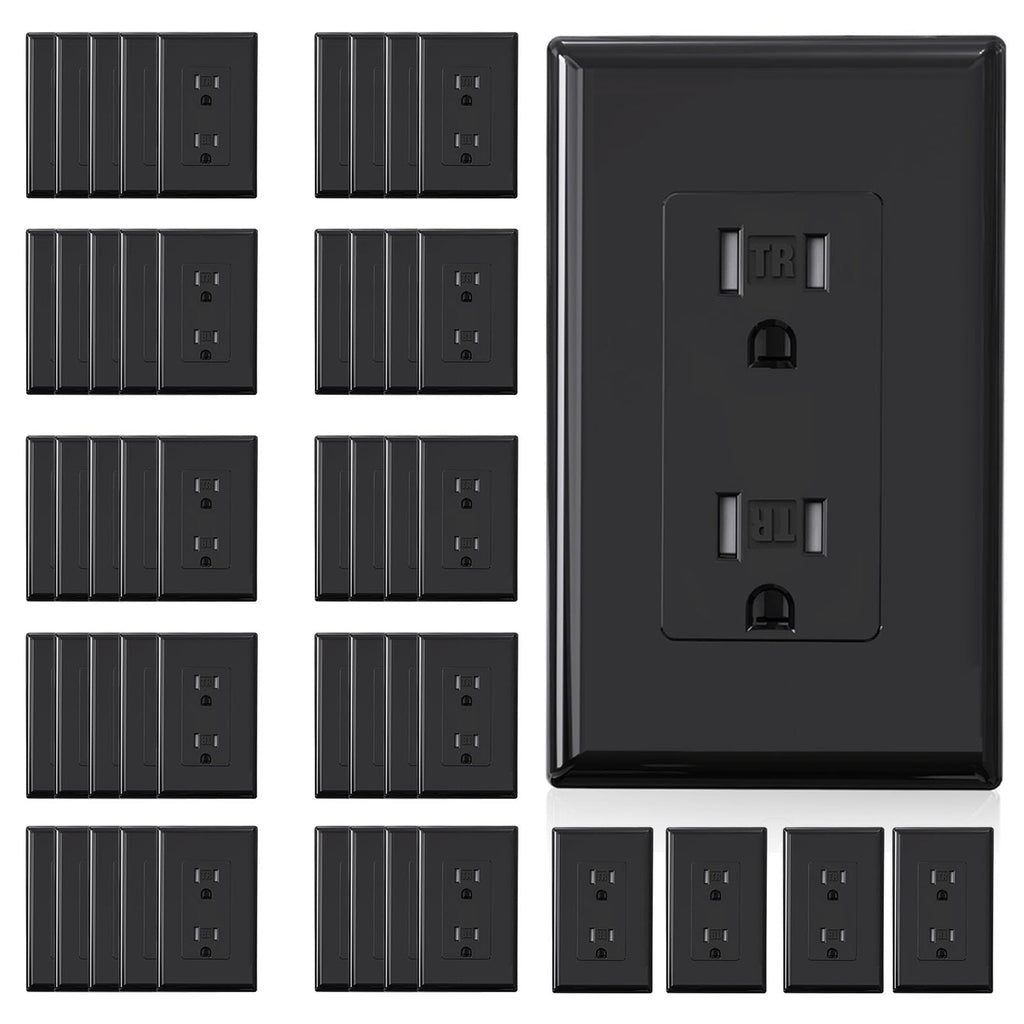 ELEGRP Decorator Wall Receptacle Outlet, Tamper Resistant 15A 125V Standard Electrical Wall Outlet, Residential Grade, Self-grounding, with Screwless Wall Plate, UL (50 Pack, Glossy Black)