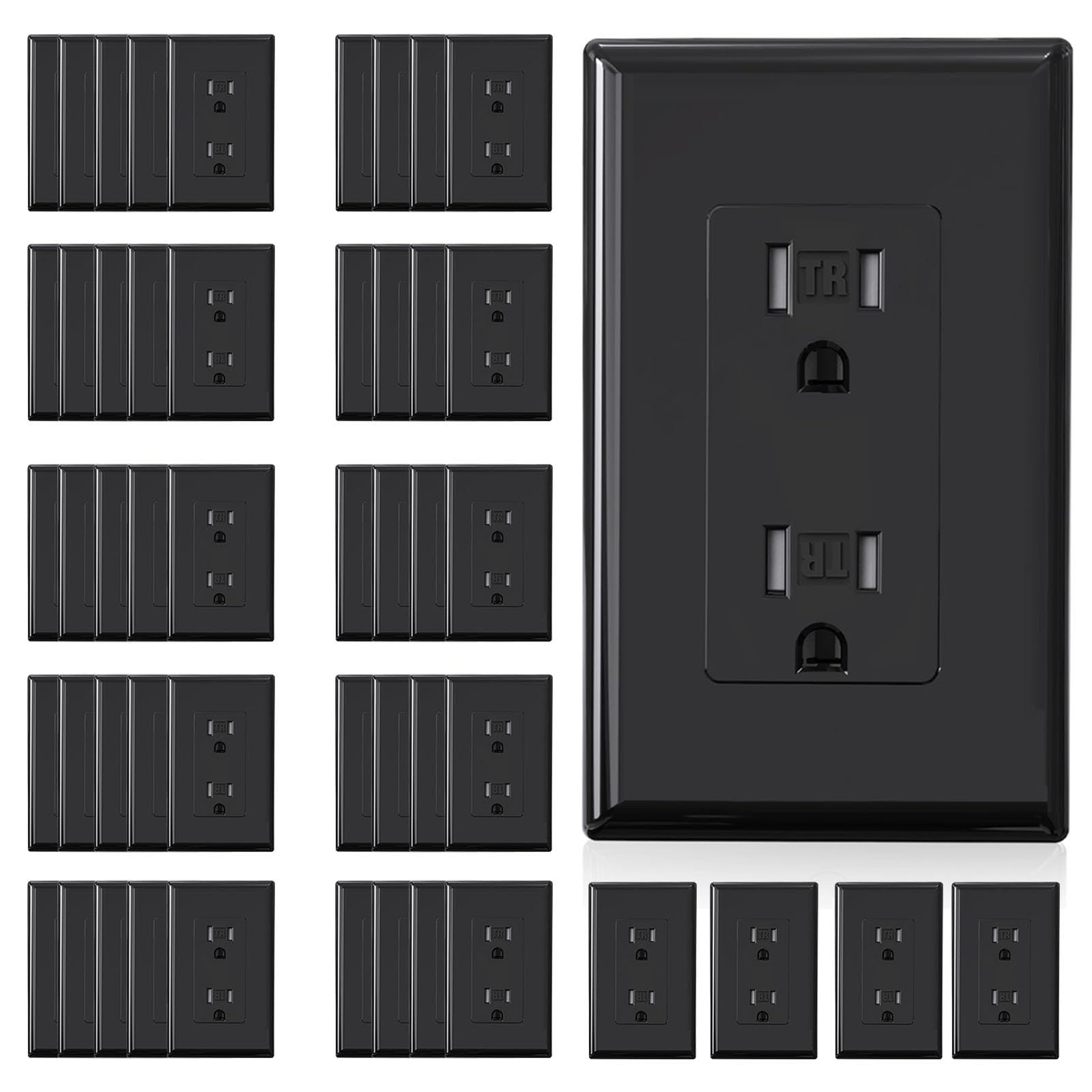 ELEGRP Decorator Wall Receptacle Outlet, Tamper Resistant 15A 125V Standard Electrical Wall Outlet, Residential Grade, Self-grounding, with Screwless Wall Plate, UL (50 Pack, Glossy Black)