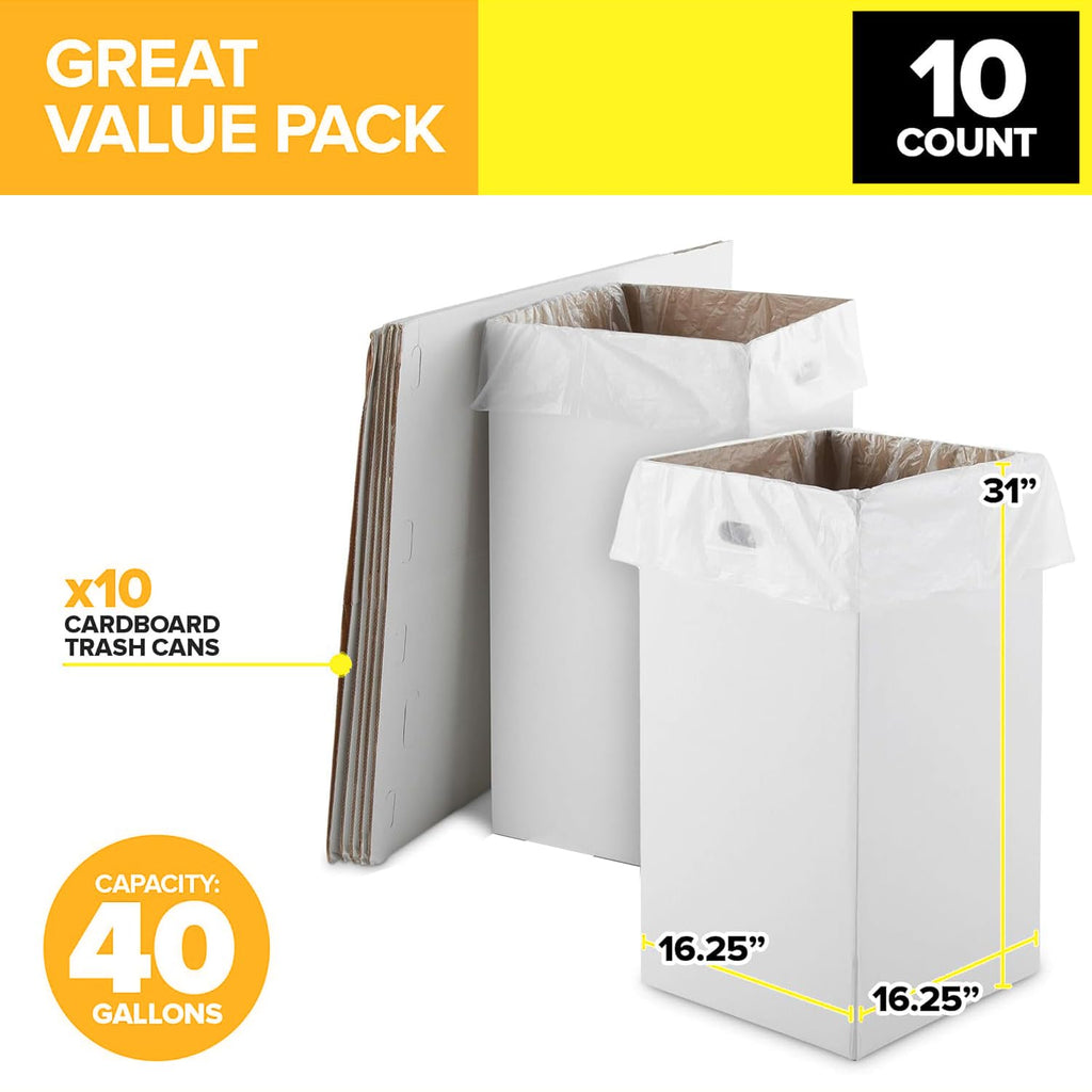 40-Gallon Corrugated Cardboard Trash & Recycling Containers (10 Pack) - Heavy-Duty, Disposable & Recyclable Waste Bins for Events, Festivals & Construction Sites - Easy Assembly & Foldable Storage