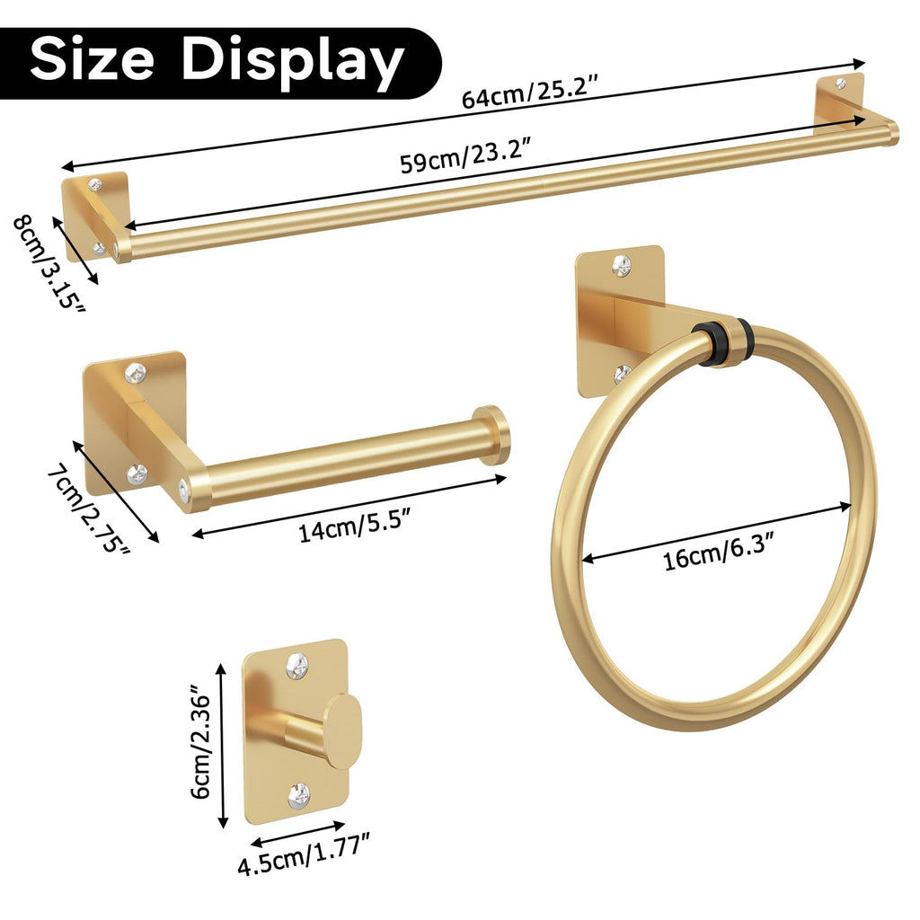 Bathroom Accessories Set, KLJKPA 4 Pieces Gold Bathroom Hardware Set, 24 inch Towel Bar, Towel Racks for Bathroom, Robe Towel Hooks, Toilet Paper Holder Wall Mounted
