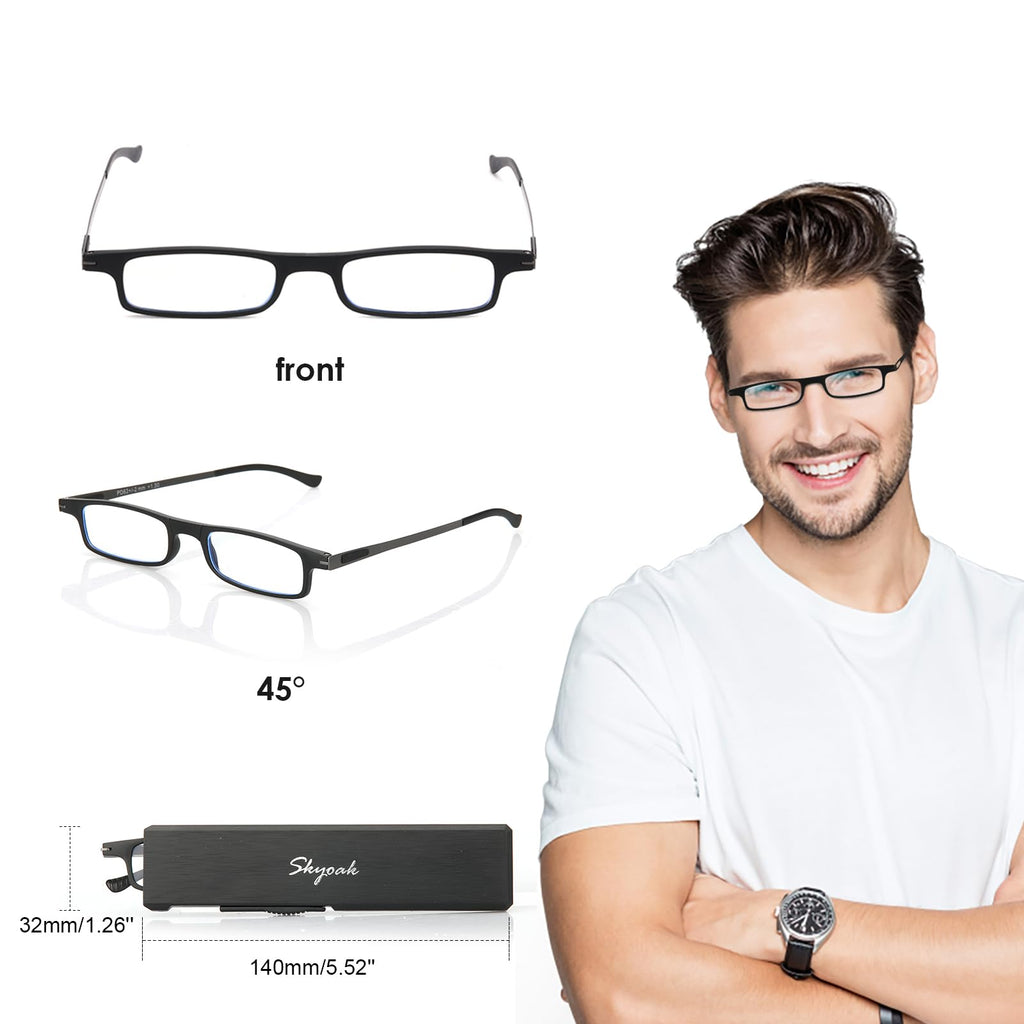 SKYOAK Ultra thin Lightweight Folding Reading Glasses Women Men TR90 Blue Light Blocking Anti UV/Eyestrain Foldable Compact Computer Readers Portable Unique Stretchable Slim Flat case Black +1.5