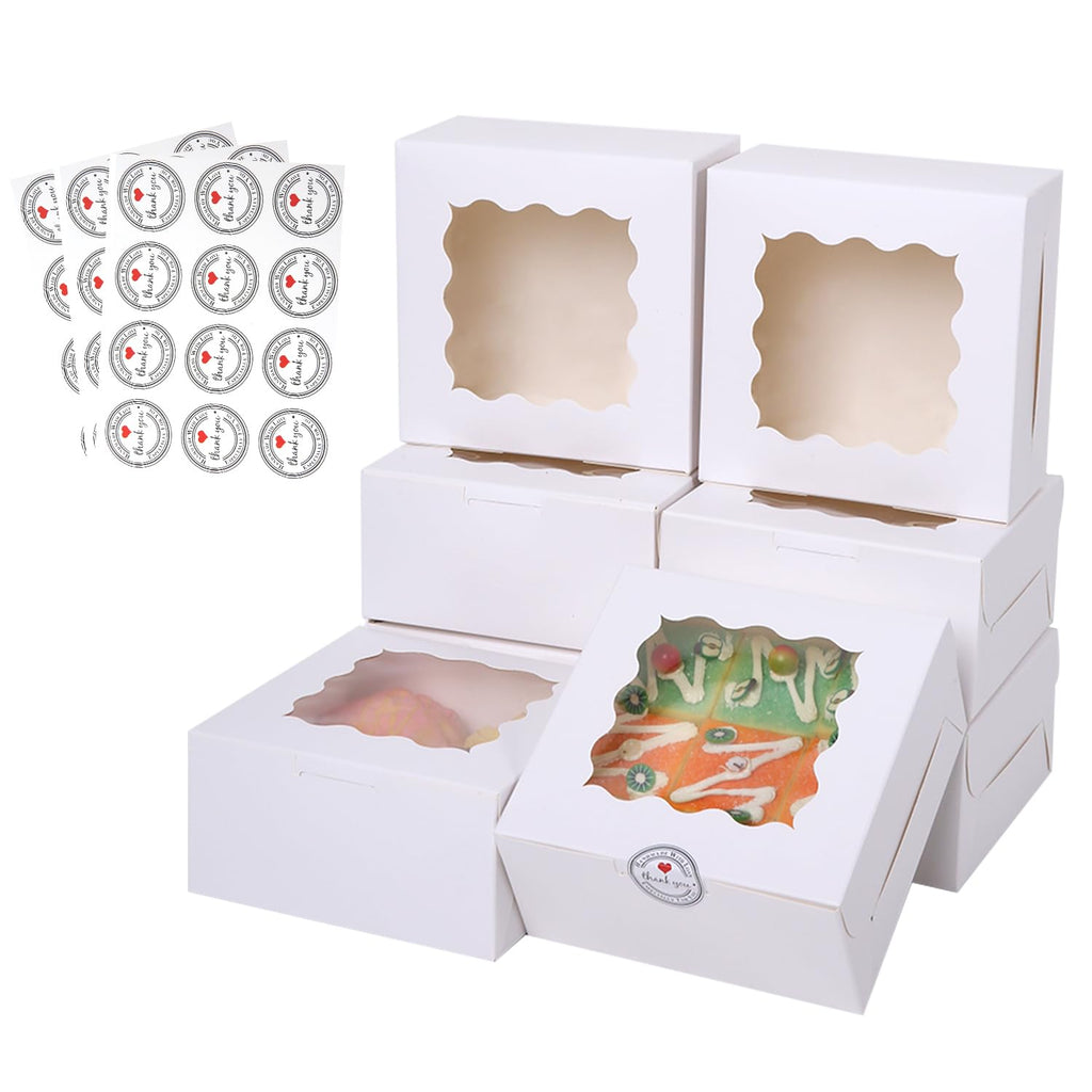 PFAMKEER 36 pcs 6x6x3 Inches Small Cake Box with Window, Bakery Pastry Cookie Boxes, Mini Pie for Pastry,Dessert,Strawberries,Chocolates, Cupcakes with paper stickers (white)