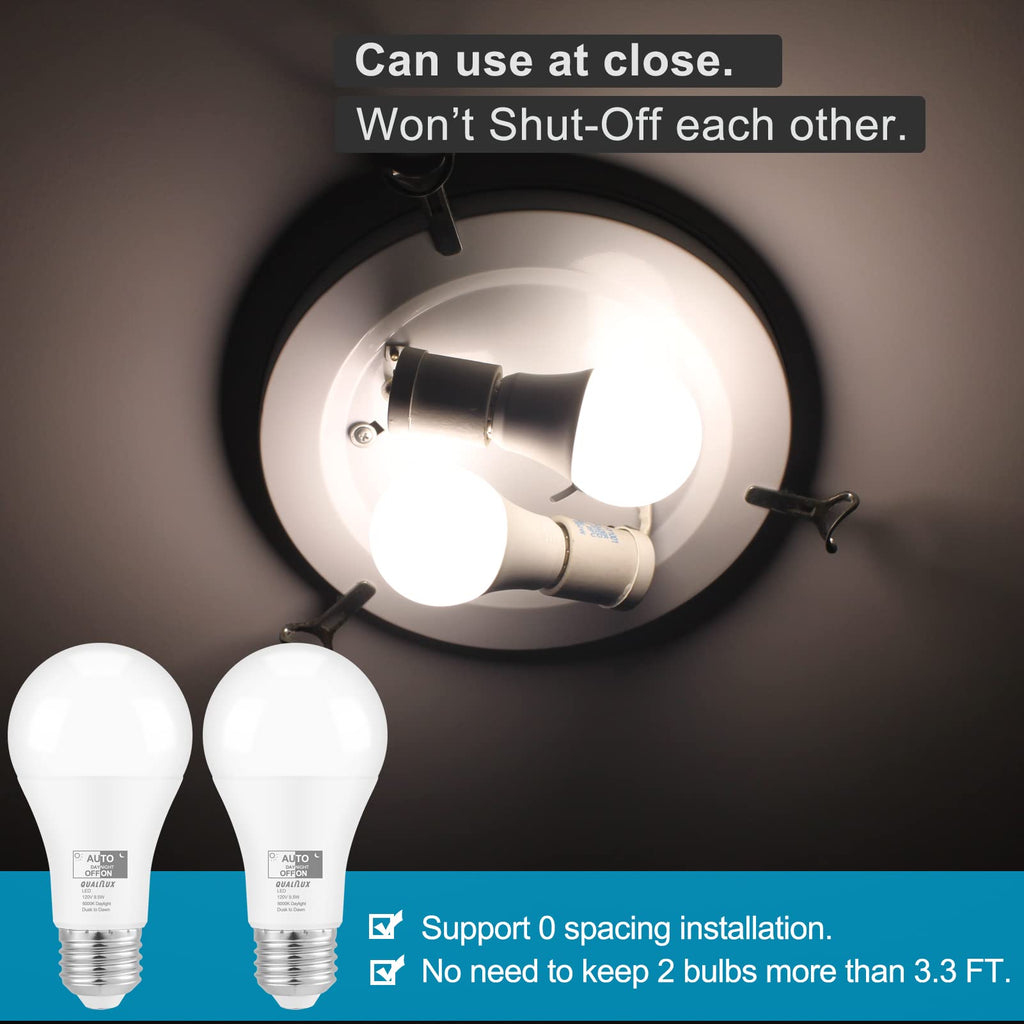 Qualilux Dusk to Dawn Light Bulbs 4000K Cool White (Neutral White), 850LM, 60W Equivalent, LED 9.5W, A19, E26 Base, 4-Pack, HQ-H014