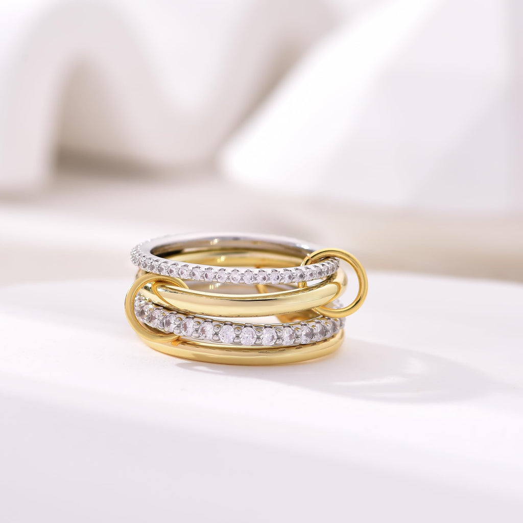 Canboer Gold and Silver Interlocked Stackable Rings for Women CZ Interlocking Stack Statement Rings Set Mixed Metals Trendy Chunky Two-Toned Connected Bands Stacking Ring Non Tarnish Size 8