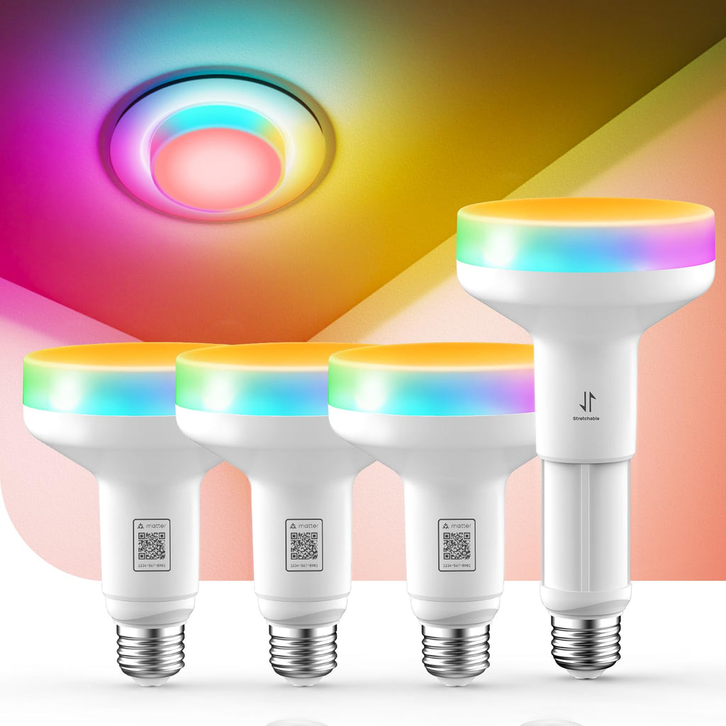Linkind Matter BR30 Smart Light Bulbs with Stretchable Design & 4-Zone Aurascape Color, 850LM Recessed Smart Flood Light Bulb, Works with Alexa/Apple Home/Google Home, Music Sync Light Show, 4 Pack