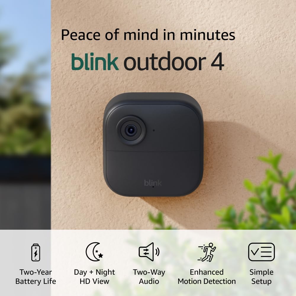 Blink Outdoor 4 – Wireless smart security camera, two-year battery life, 1080p HD day and infrared night live view, two-way talk. Sync Module Core included – 1 camera system