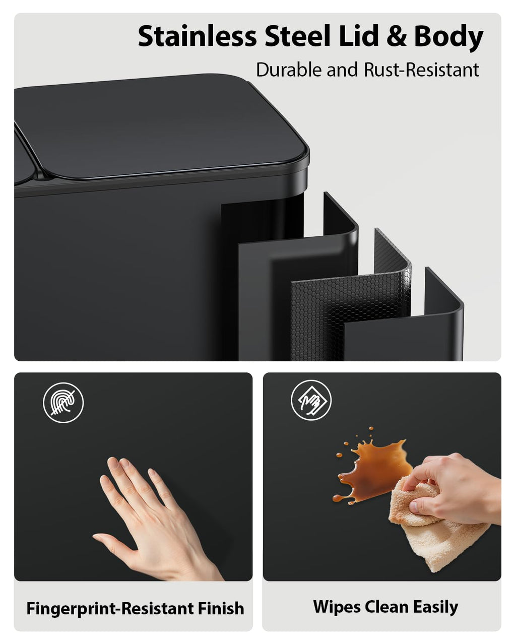 Dual Trash and Recycling Bins for Kitchen, 2×13 Gallon (2× 50L) Stainless Steel Trash and Recycle Bin Combo with Soft-Close Lid, Large Garbage Cans for Kitchen Home with 2 Magnets Sticker, Black