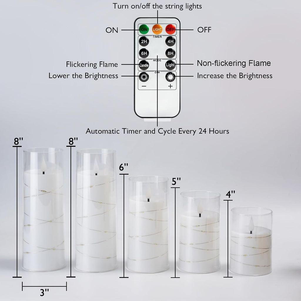 Homemory Pure White Flameless Candles with Embedded Star String Fairy Lights, Battery Operated Candle, LED Candles, Fake Candles with Remote Control and Timer, Set of 5(H4"5"6"8"8")