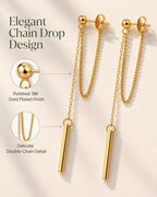 Dainty 18K Gold Plated Chain Earrings for Women - Long Threader Earring with Hypoallergenic Bar Drop Dangle Design, Elegant Line Dangly Jewelry Gift