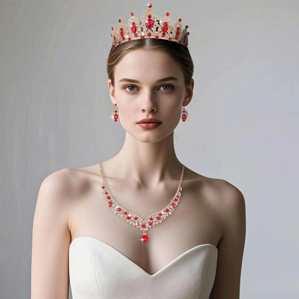 Geurlev Tiaras and Crowns for Women,Tiaras Earrings Necklace, Crystal Bridal Jewelry Set (Gold Red)