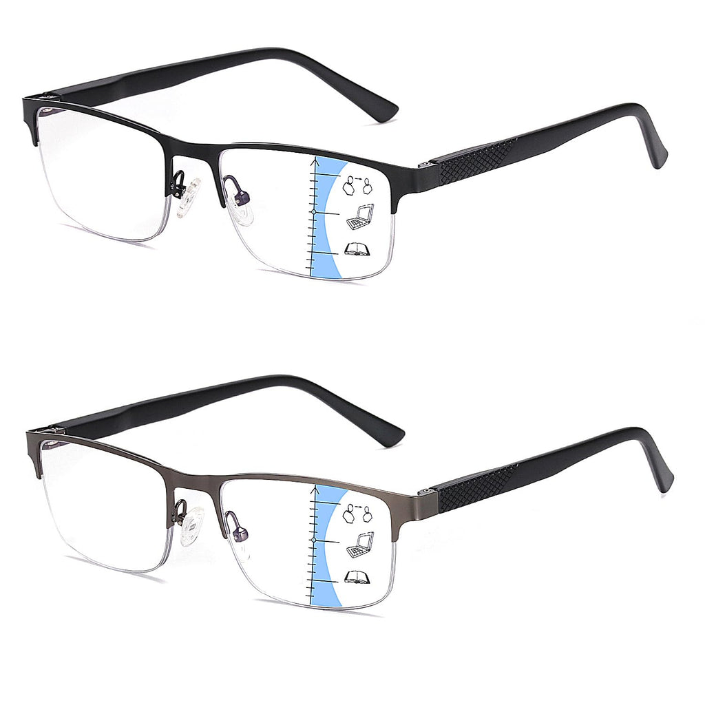 Missfive 2 Pack Mens Quality Progressive Multifocus Reading Glasses Blue Light Blocking, Man Spring Hinge No-Line Multifocal Readers Half Frame Metal Eyewear,Workspace For Near-Range, +1.5