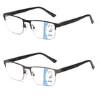 Missfive 2 Pack Mens Quality Progressive Multifocus Reading Glasses Blue Light Blocking, Man Spring Hinge No-Line Multifocal Readers Half Frame Metal Eyewear,Workspace For Near-Range, +1.5