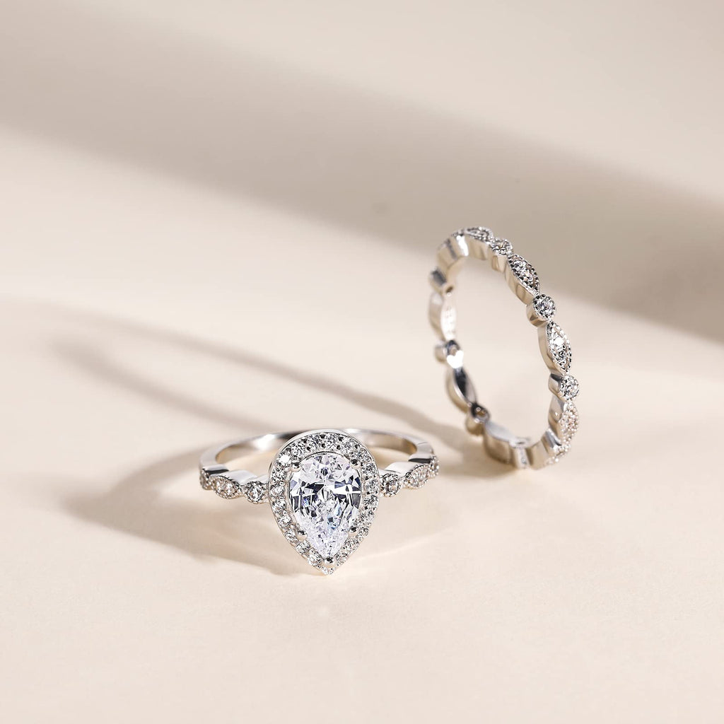 EAMTI 925 Sterling Silver Wedding Ring Set for Women Teardrop Size 7