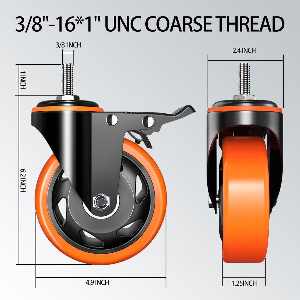 Caster Wheels Heavy Duty 5 Inch Stem Caster 2400Lbs, Threaded Stem Casters 3/8"-16 x 1(Stem Diameter 3/8", Stem Length 1"), Safety Locking Caster Set of 4, Industrial Castor Wheels for Cart,Furniture