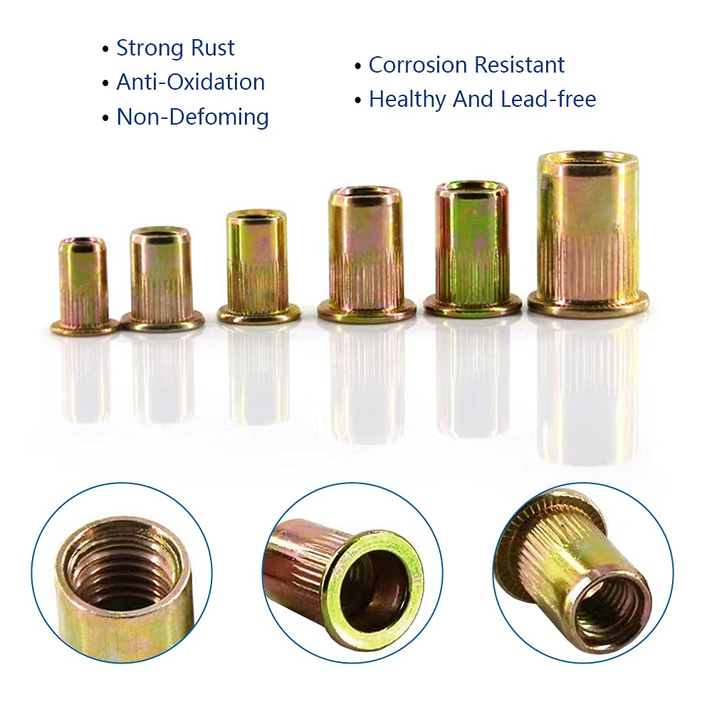 200PCS-Rivet Nuts,1/4"-20 Steel UNC Rivet Nut Assortment Kit, Flat Head Threaded Insert Nutserts Assort (NUT-1/4-20)