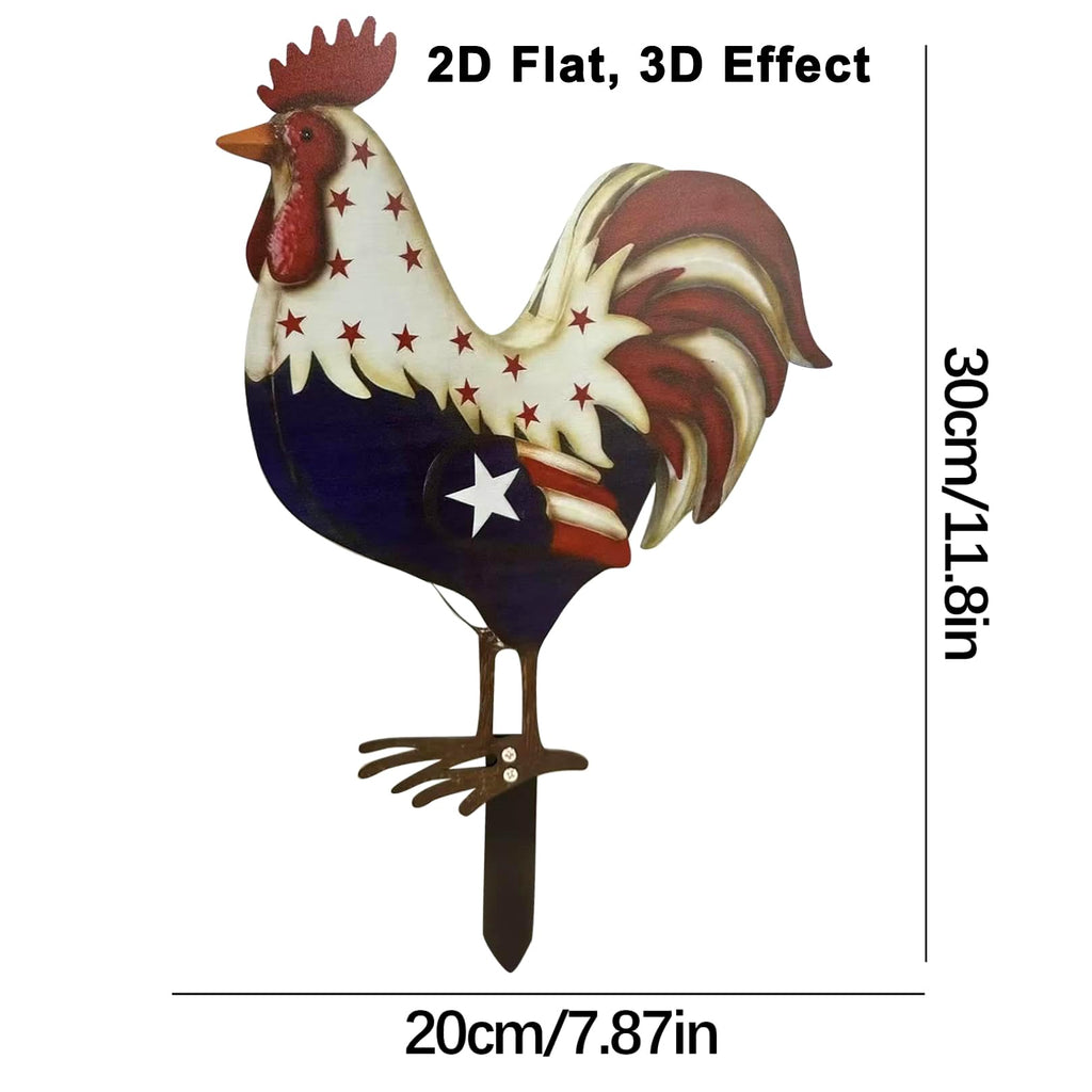 12 Inch American Flag Metal Rooster Yard Decor Outdoor 4th of July Decorations 2D Iron Patriotic Chicken Garden Statues Red White and Blue Art Yard Sign for USA 250th Anniversary Independence Day