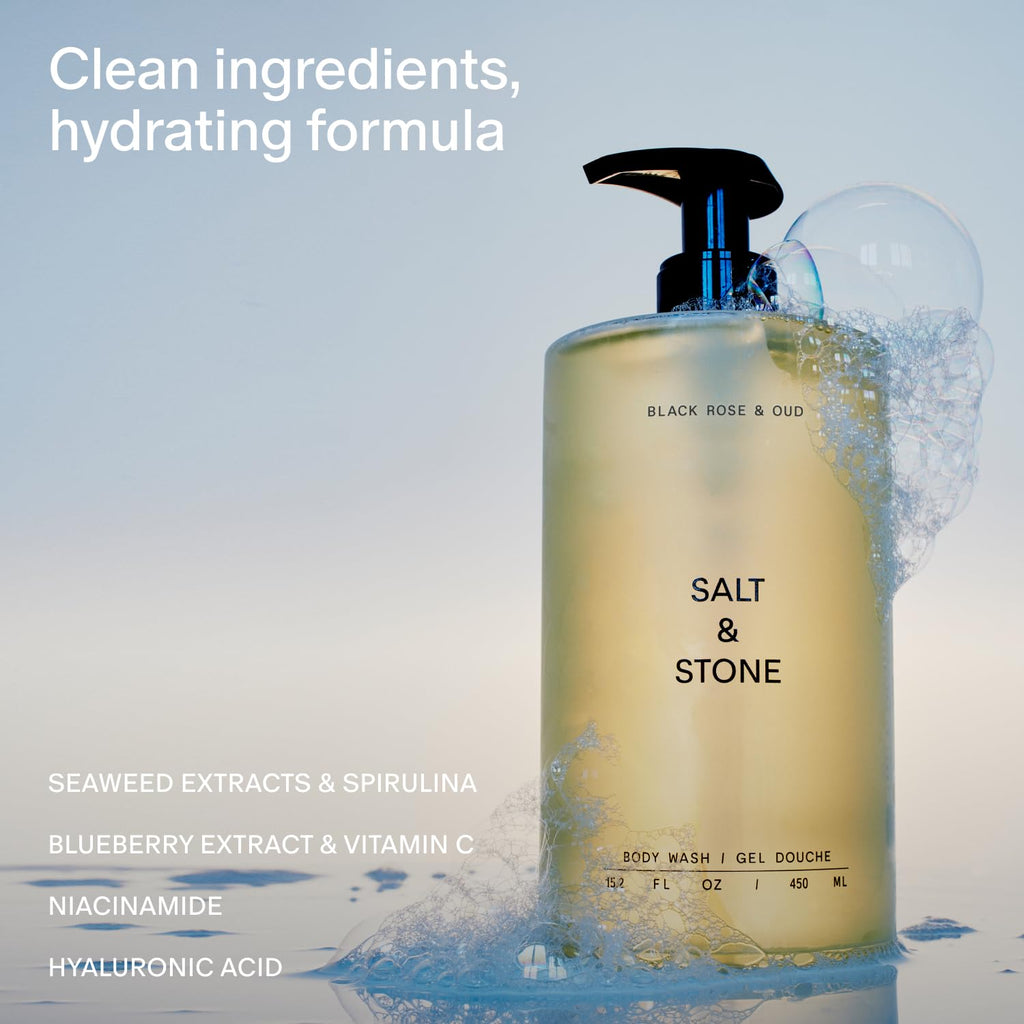 Salt & Stone Body Wash with Antioxidants for Deep Moisture | For Women & Men, Sulfate, Paraben, & Dye Free, Leaving Skin Soft and Hydrated | Black Rose & Oud 15.2 fl oz