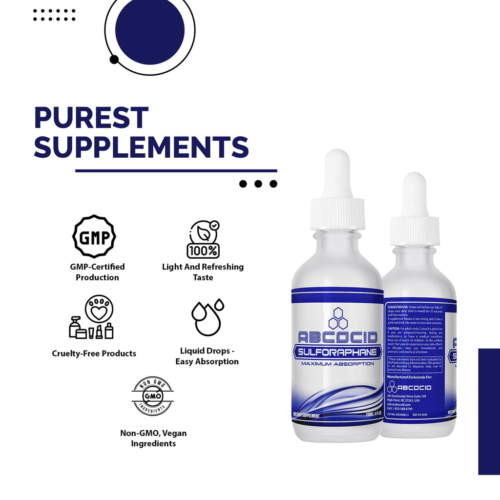 ABCOCID Activated and Stabilized Sulforaphane, 490 mg,4 Oz Liquid, 240 Servings, Made in USA, Quick Absorption, Quality Potent Ingredients, Non-GMO, GMP Certified, Cruelty-Free Products