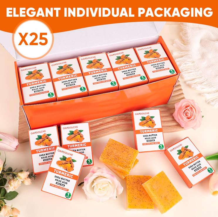OAKDOLCHE 25P Turmeric Kojic Acid Soap Gift Set, Individually Wrapped (80g) | Infused with Retinol, Collagen & Vitamin E, SLS Free Gentle Care for Face/Body, Suitable for Party & Holiday Gifting