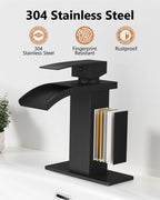 GBBNE Waterfall Bathroom Faucet 1 Hole, Single Hole Bathroom Faucet, Single Handle Vanity Sink Faucet with Deck Plate, Pop-up Drain & Supply Lines, Matte Black