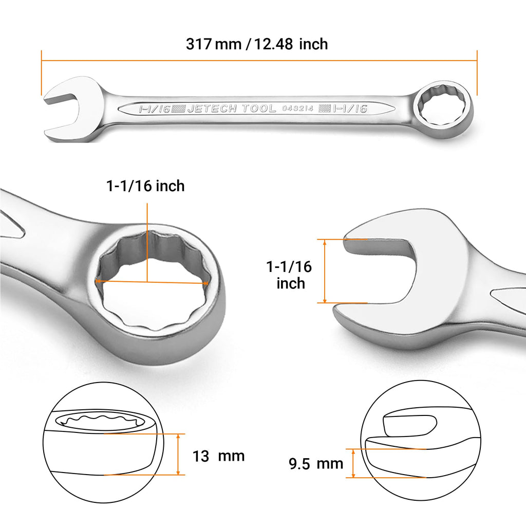 Jetech 1-1/16" Combination Wrench, SAE 12-Point Chrome Vanadium Steel Spanner, Industrial Grade with 15-Degree Offset, Sand Blasted Finish, Heat-Treated Forged Tool