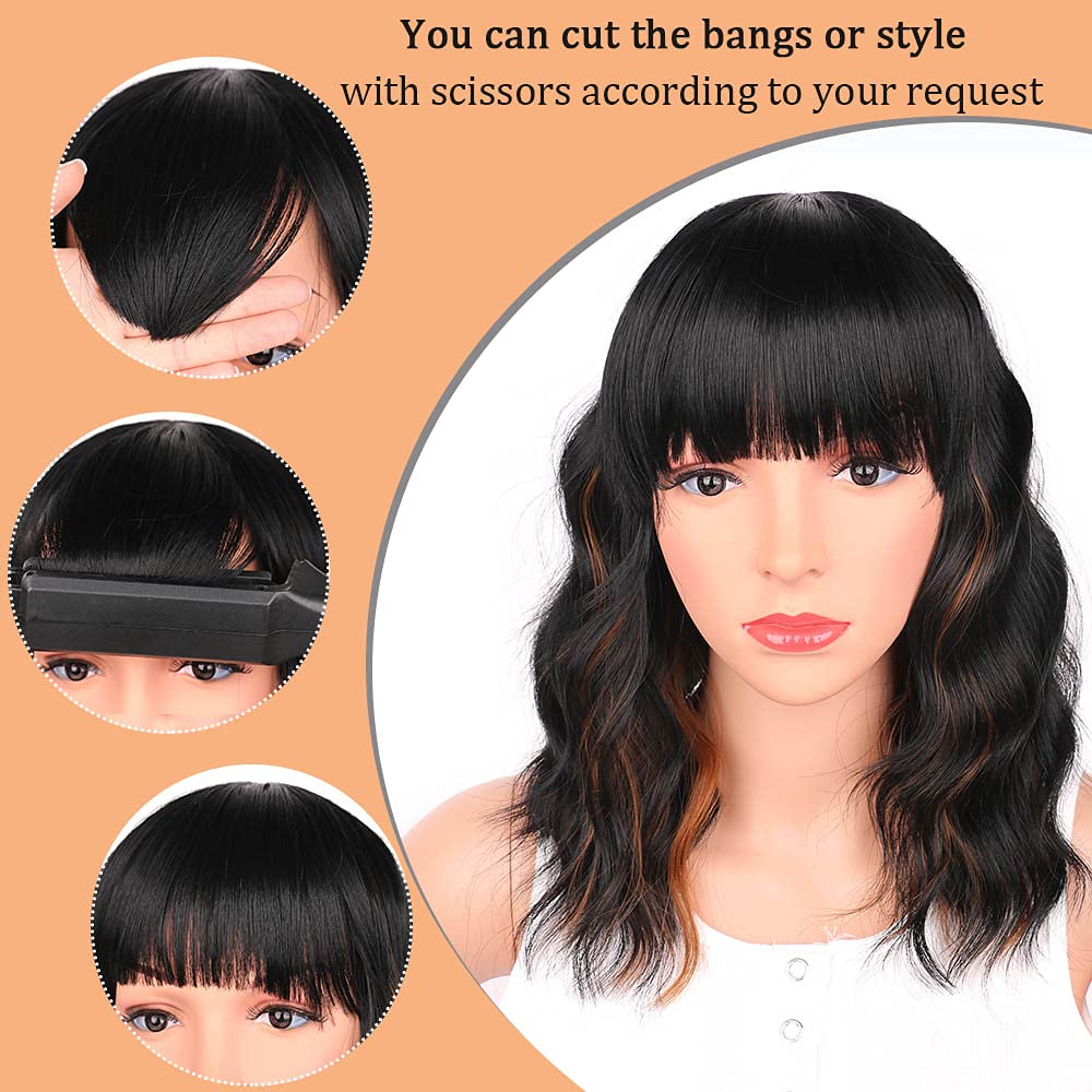 Black Mixed Brown Wig for Black Women Short Wavy Curly Bob Wig with Bangs