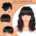 Black Mixed Brown Wig for Black Women Short Wavy Curly Bob Wig with Bangs