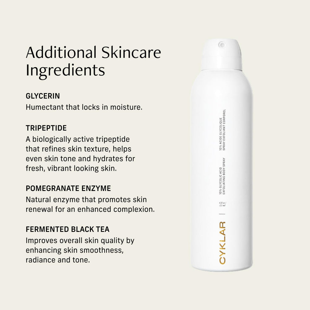 Cyklar Glycolic Acid Exfoliating Body Spray – 10% AHA Toner for Face & Body. Skin-Smoothing Spray with Peptides & Enzymes – Fragrance-Free, 6 fl oz