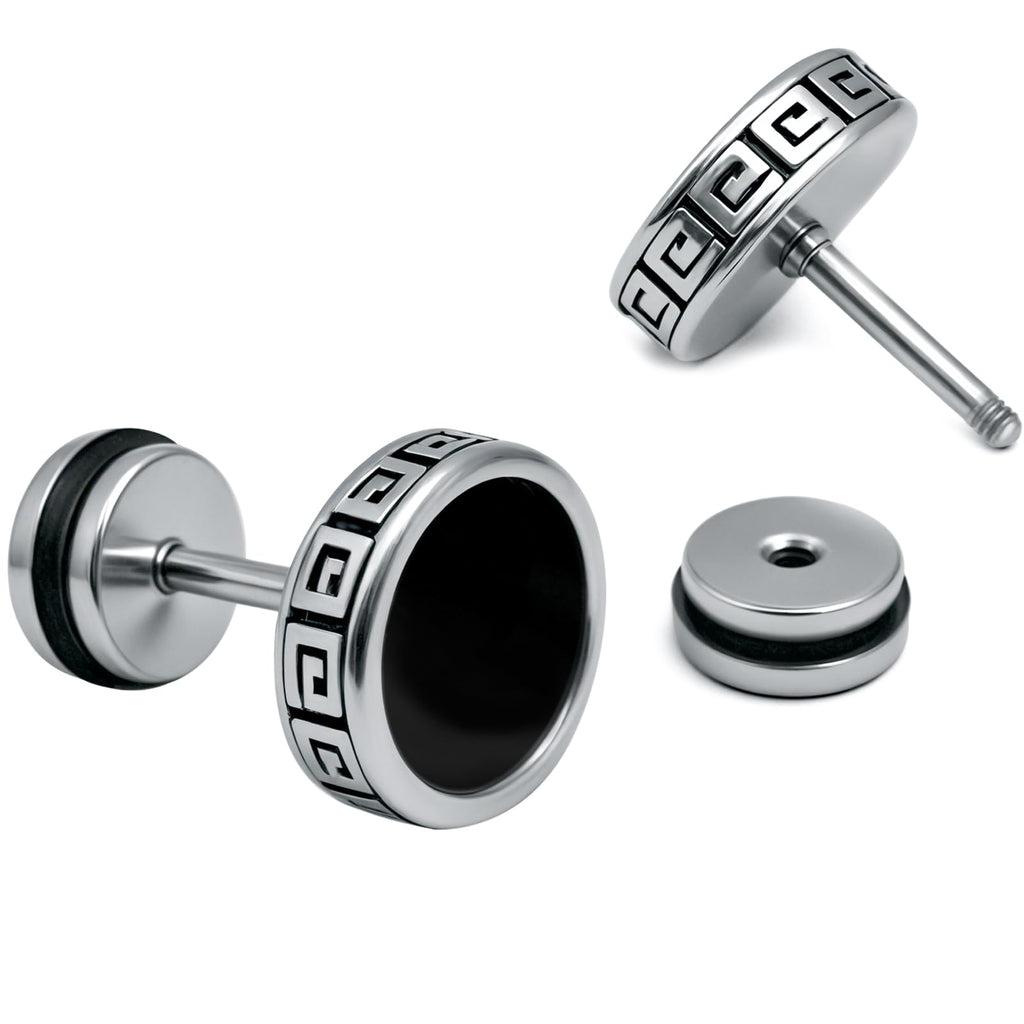 【Hypoallergenic Earrings for Men】-18G Flat Mens Surgical Steel Black Stud Earring 10mm (0.4")-【For Sensitive Skin & New Piercings】 Textured Brick Design Pair 0.28oz Men's jewelry-Para Hombre (Black)