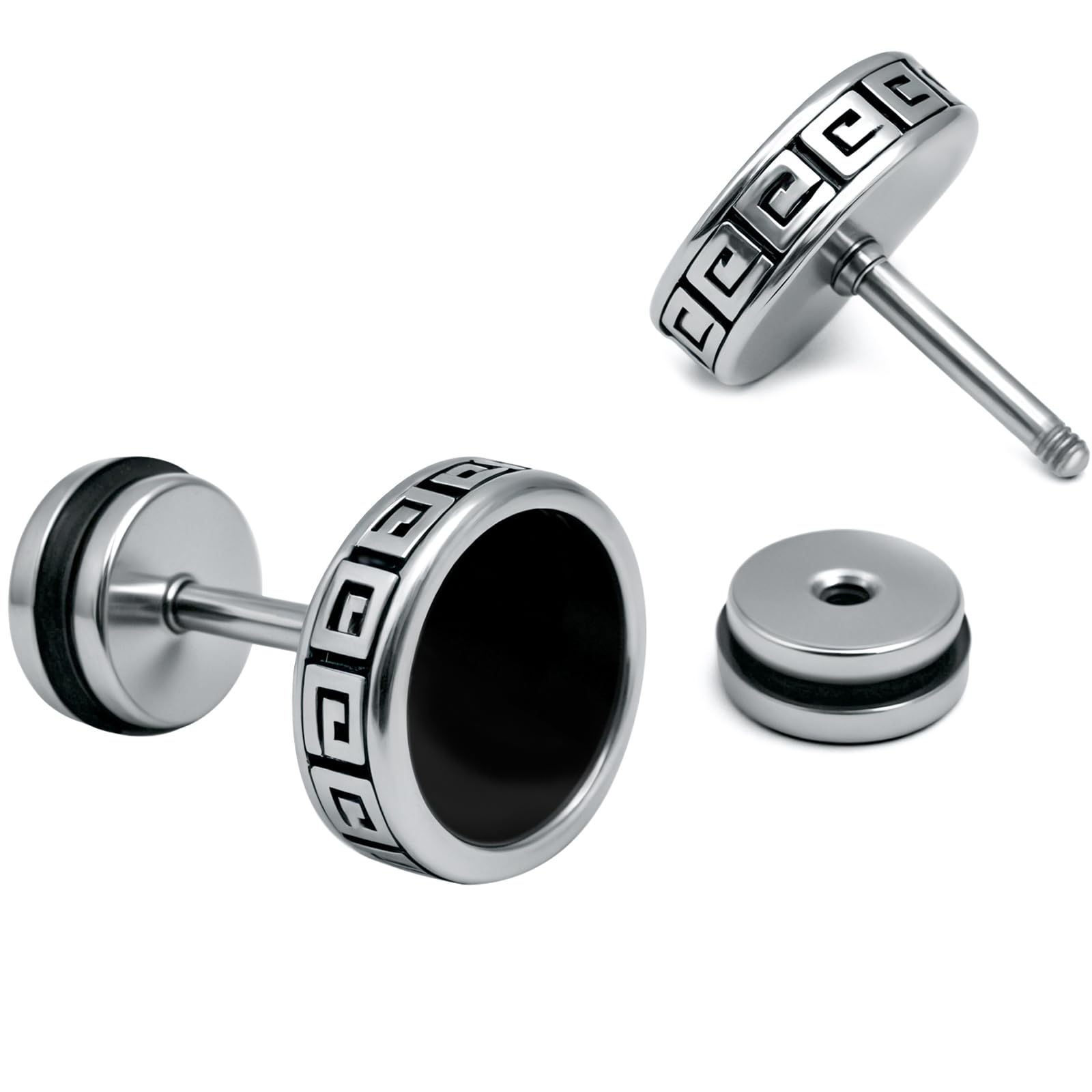 【Hypoallergenic Earrings for Men】-18G Flat Mens Surgical Steel Black Stud Earring 10mm (0.4")-【For Sensitive Skin & New Piercings】 Textured Brick Design Pair 0.28oz Men's jewelry-Para Hombre (Black)