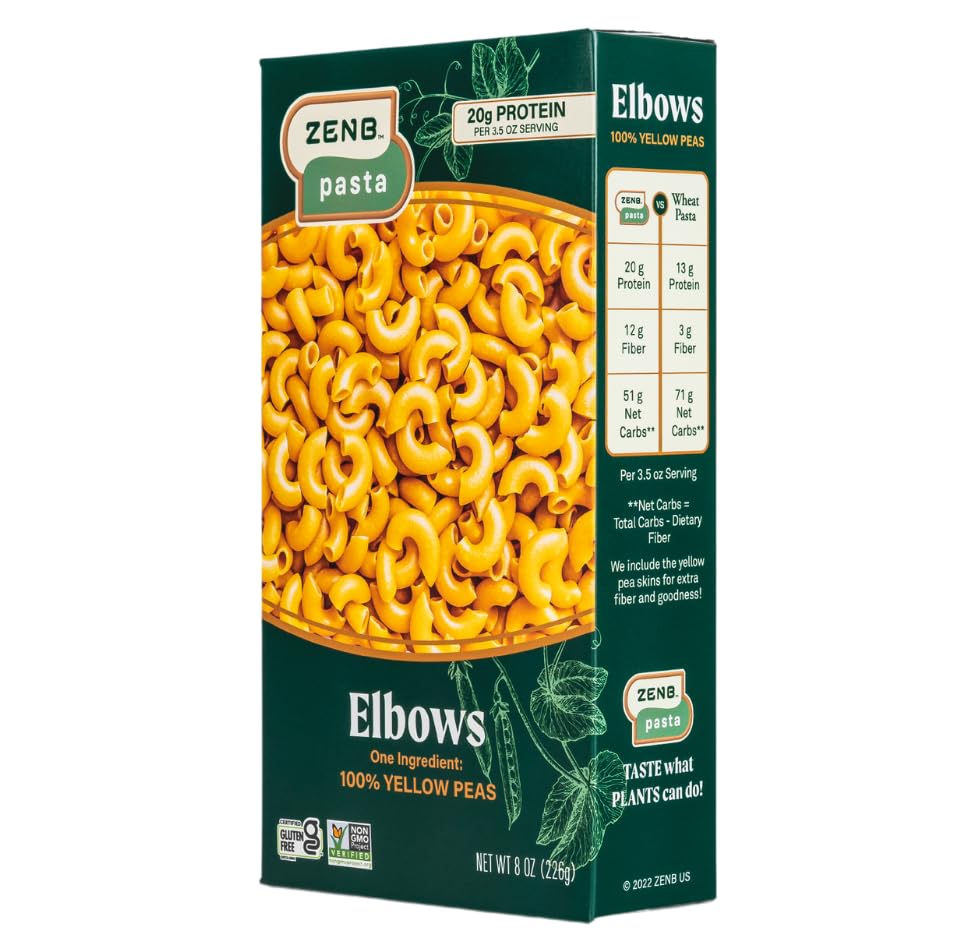 ZENB Plant Based Elbow Pasta - Made From 100% Yellow Peas, Gluten Free, Non-GMO & Vegan, 20g of Protein & 12g of Fiber In Every Serving - (Pack of 3)