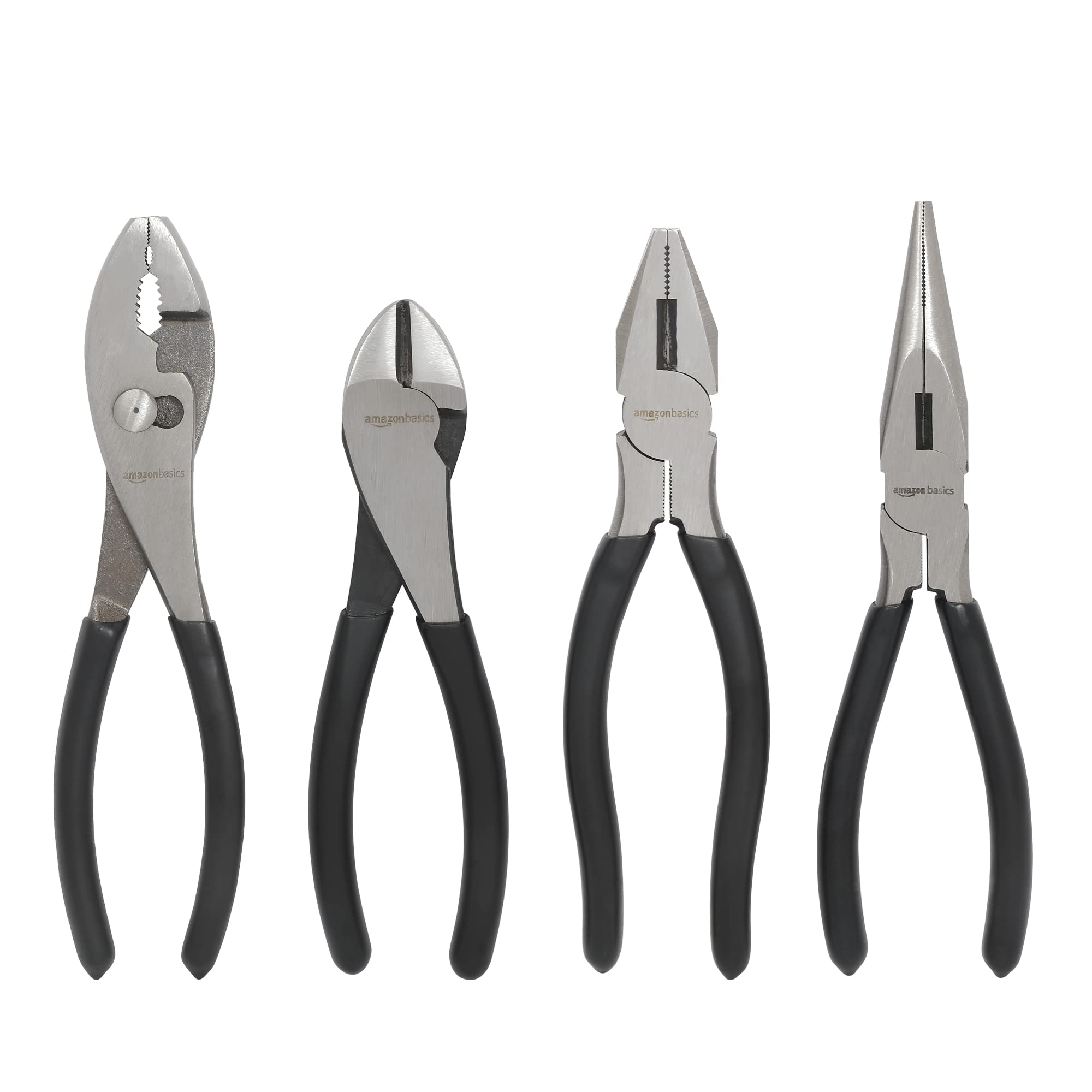 Amazon Basics Pliers Set, Hand Tools for Precision, Cutting Wire Cutter with Needle Nose and Diagonal, Quality Tool Set for Home Maintenance, Set of 4, Black and Silver