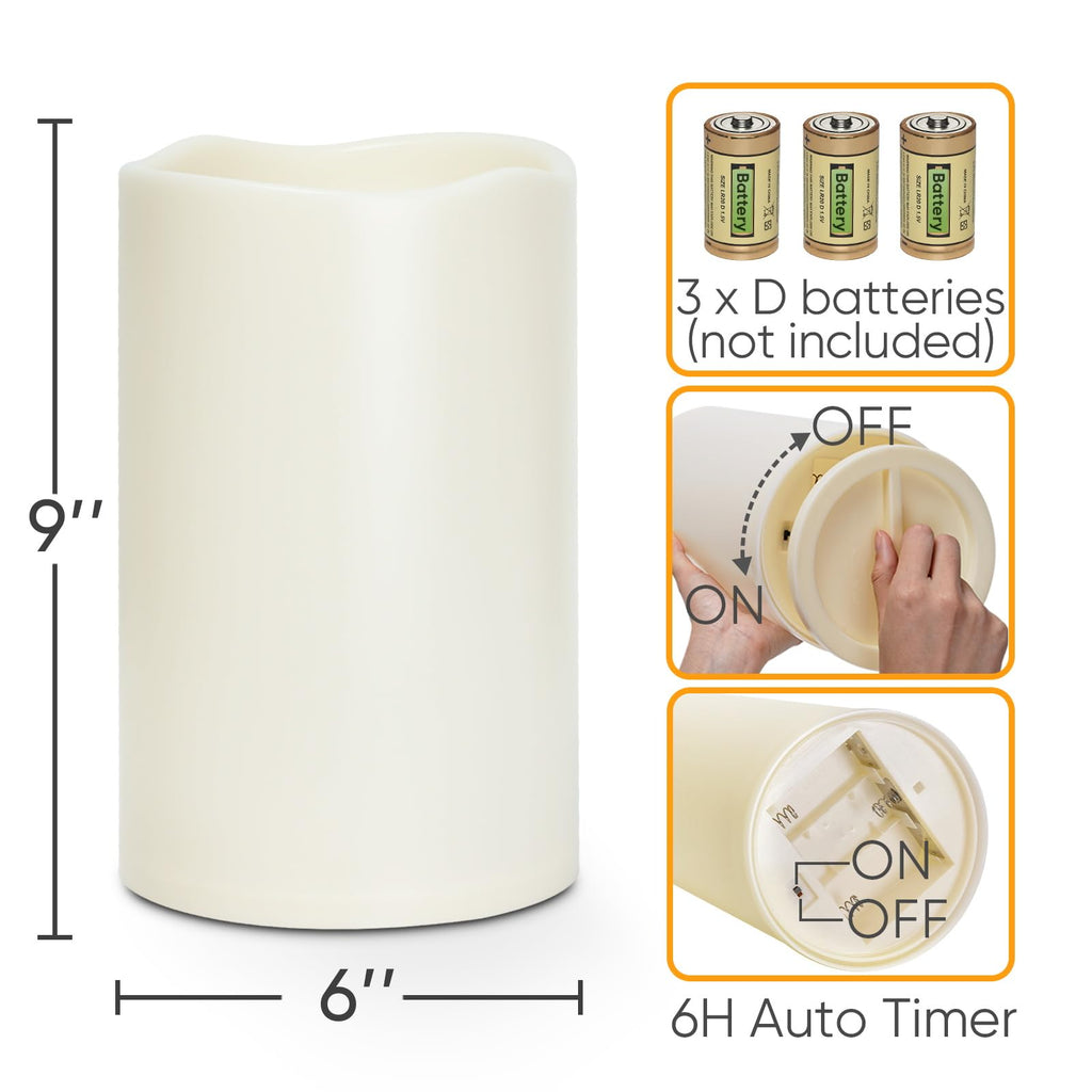 Homemory 6" x 9" Extra Large Outdoor Waterproof Candle with Auto 6-Hour Timer, No Remote, Ivory Plastic Made, Long Last for Half A Year