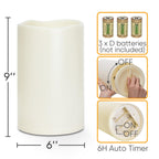 Homemory 6" x 9" Extra Large Outdoor Waterproof Candle with Auto 6-Hour Timer, No Remote, Ivory Plastic Made, Long Last for Half A Year
