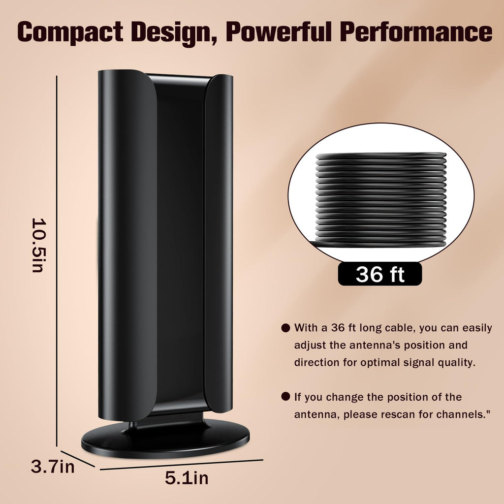 VIVESSA Long Range Indoor TV Antenna for Smart TV, 2025 Digital HD Antenna with Amplifier, 1200+ Miles Reception, Supports 1080P 4K 8K, Local Channels，with a Pole