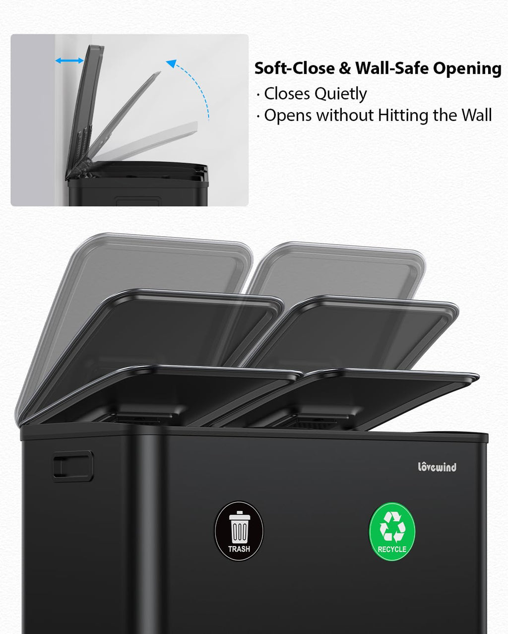 Dual Trash and Recycling Bins for Kitchen, 2×13 Gallon (2× 50L) Stainless Steel Trash and Recycle Bin Combo with Soft-Close Lid, Large Garbage Cans for Kitchen Home with 2 Magnets Sticker, Black