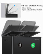 Dual Trash and Recycling Bins for Kitchen, 2×13 Gallon (2× 50L) Stainless Steel Trash and Recycle Bin Combo with Soft-Close Lid, Large Garbage Cans for Kitchen Home with 2 Magnets Sticker, Black