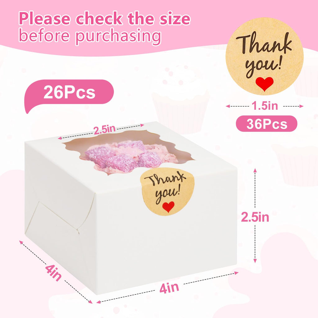 ZYFOTZUN 26pcs White Cookie Boxes with Window, 4x4x2.5 Inch, 36pcs Stickers