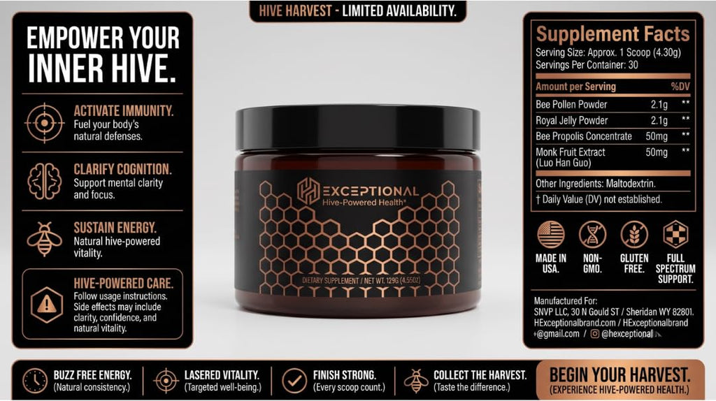 Bee hive Supplement with Bee Pollen, Propolis and Royal Jelly Powder | Beekeeper Sourced Power Blend Designed for Daily Wellness, Vitality, Natural Energy & Immune Support.