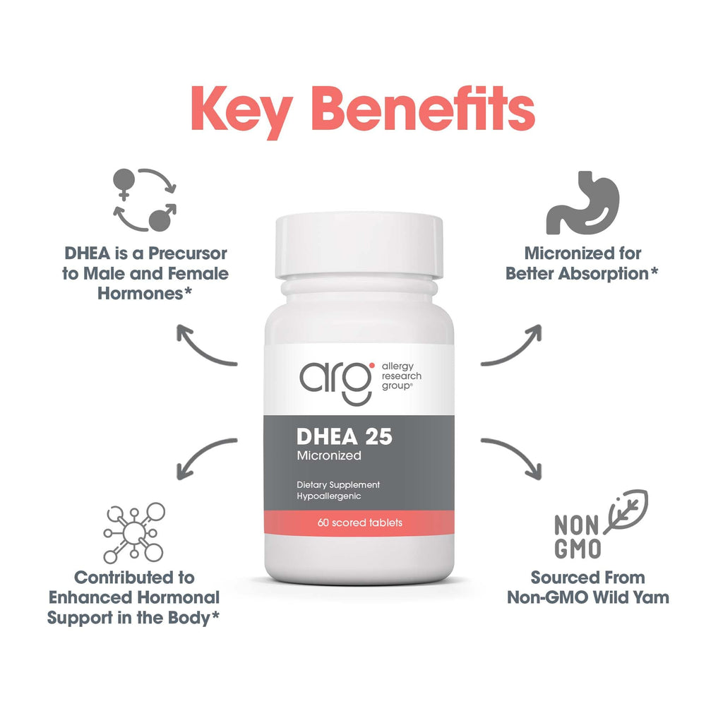 Allergy Research Group ARG DHEA 25 Micronized Lipid Matrix - Supports Hormone Balance & Brain Function - Delivers 25 mg DHEA - Micronized & Plant Sourced - Hypoallergenic - 60 Servings - 60 Capsules