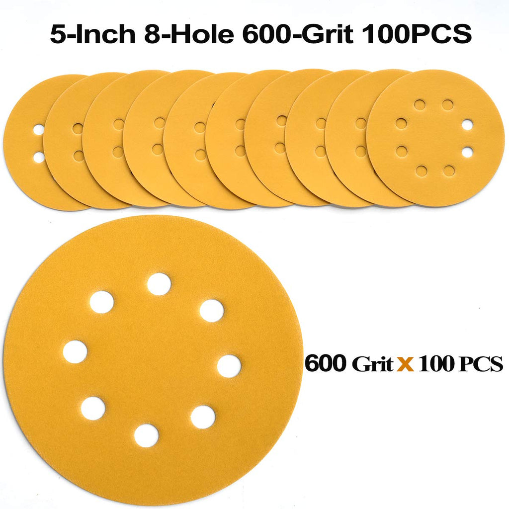 Aiyard 5-Inch 8-Hole Hook and Loop Sanding Discs 600-Grit Random Orbit Sandpaper, 100-Pack