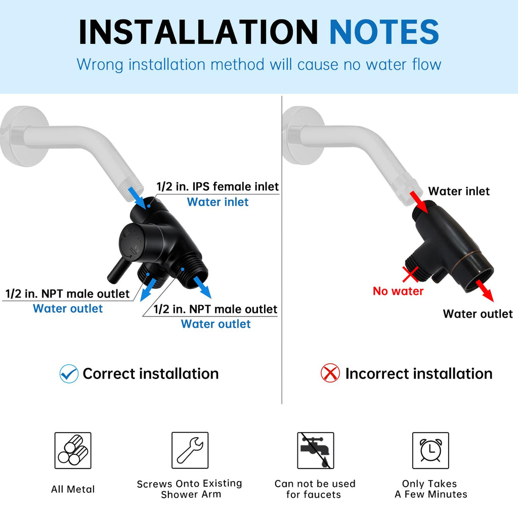 G-Promise Solid Metal Shower Arm Diverter for Hand Held Showerhead and Fixed Spray Head, G 1/2 3-Way Bathroom Universal Diverter System Replacement Part (Matte Black)