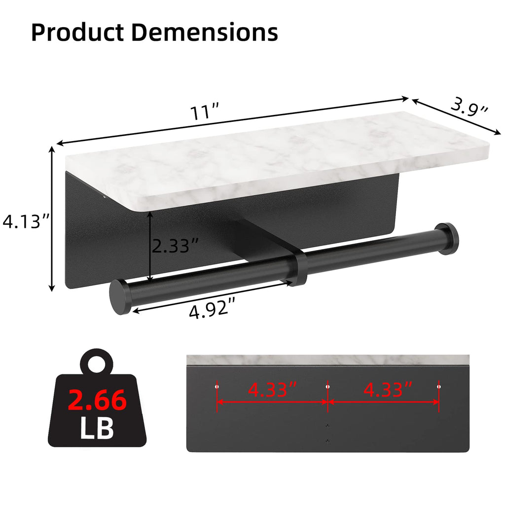 Gypie Toilet Paper Holder with Shelf, New Upgrade Double Toilet Paper Holder with Storage, Marble Roll Toilet Paper Wall Mount for Bathroom Washroom(Black)