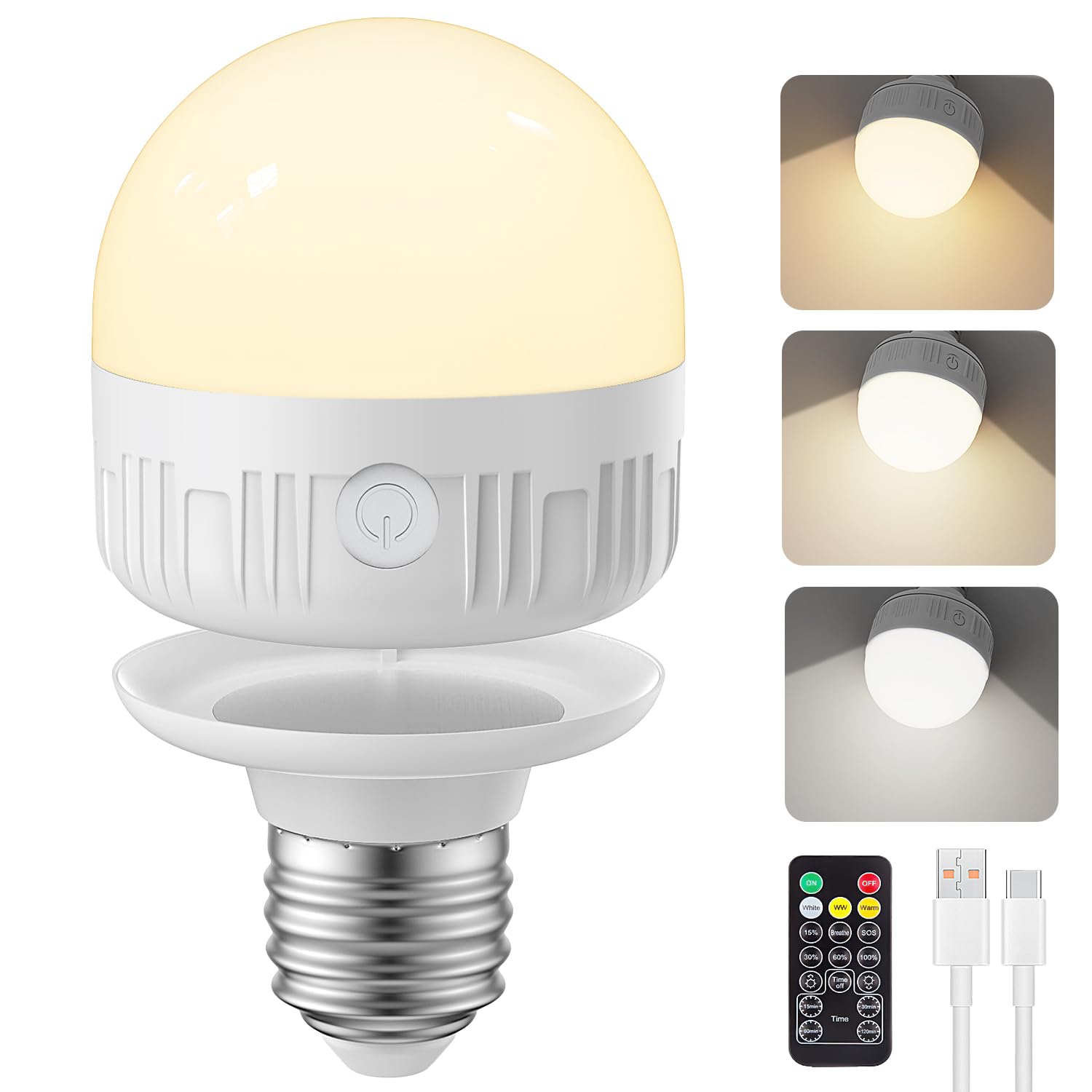 SCOPOW 1PC Rechargeable Light Bulbs with Remote Control Timer and 3 Color Temperature Rechargeable Battery Operated Light Bulb (5W+E26+3Colors+1PC)