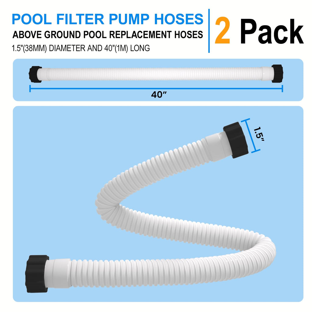 1.5" x 40" Pool Hose Replacement, Pack of 2 - Compatible with Above Ground Pools Filter Pump Hoses, Sand Filters, Saltwater Systems (1,500-2,500 GPH), White