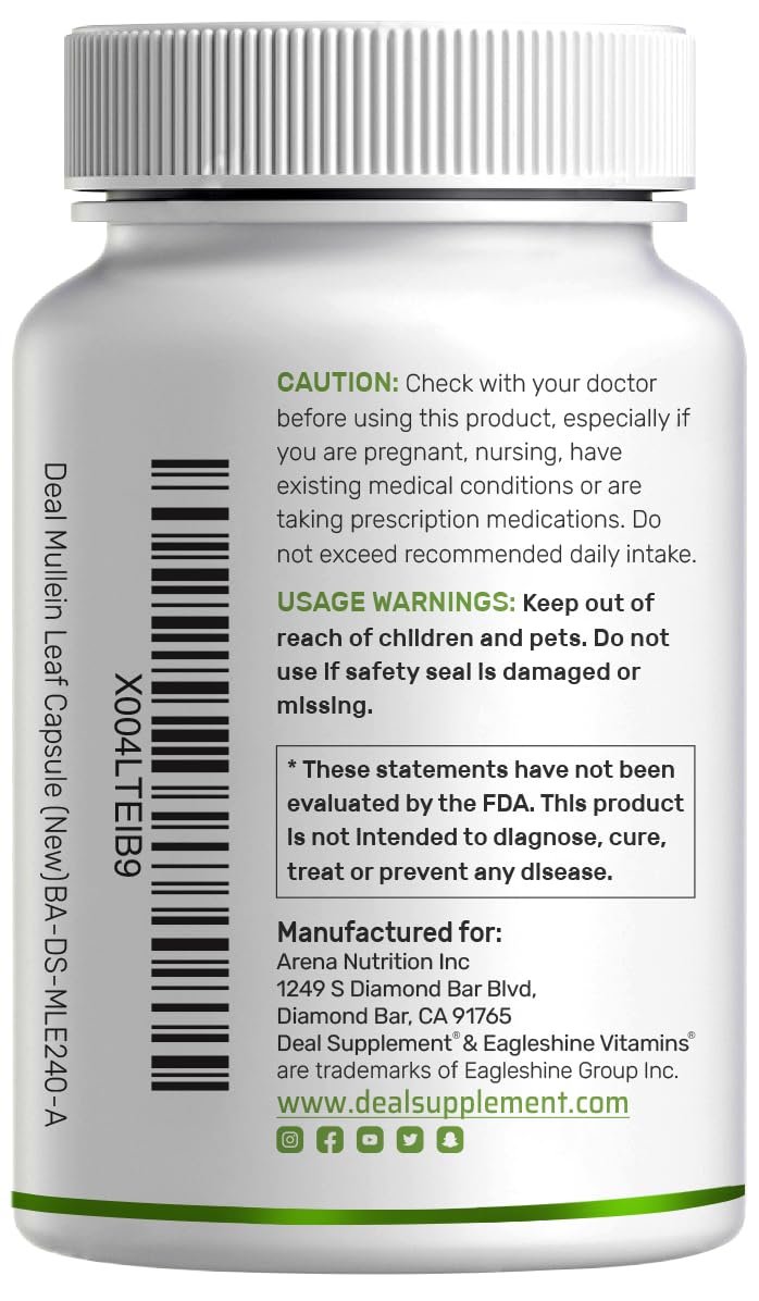 DEAL SUPPLEMENT Mullein Leaf Extract 240 Veggie Capsules – 4 Month Supply – Non-GMO, Vegan