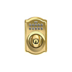 Schlage Camelot Electronic Keypad Deadbolt Lock, Keyless Front Door Entry, Mechanical Key Backup Included, Bright Brass, BE365 CAM 505
